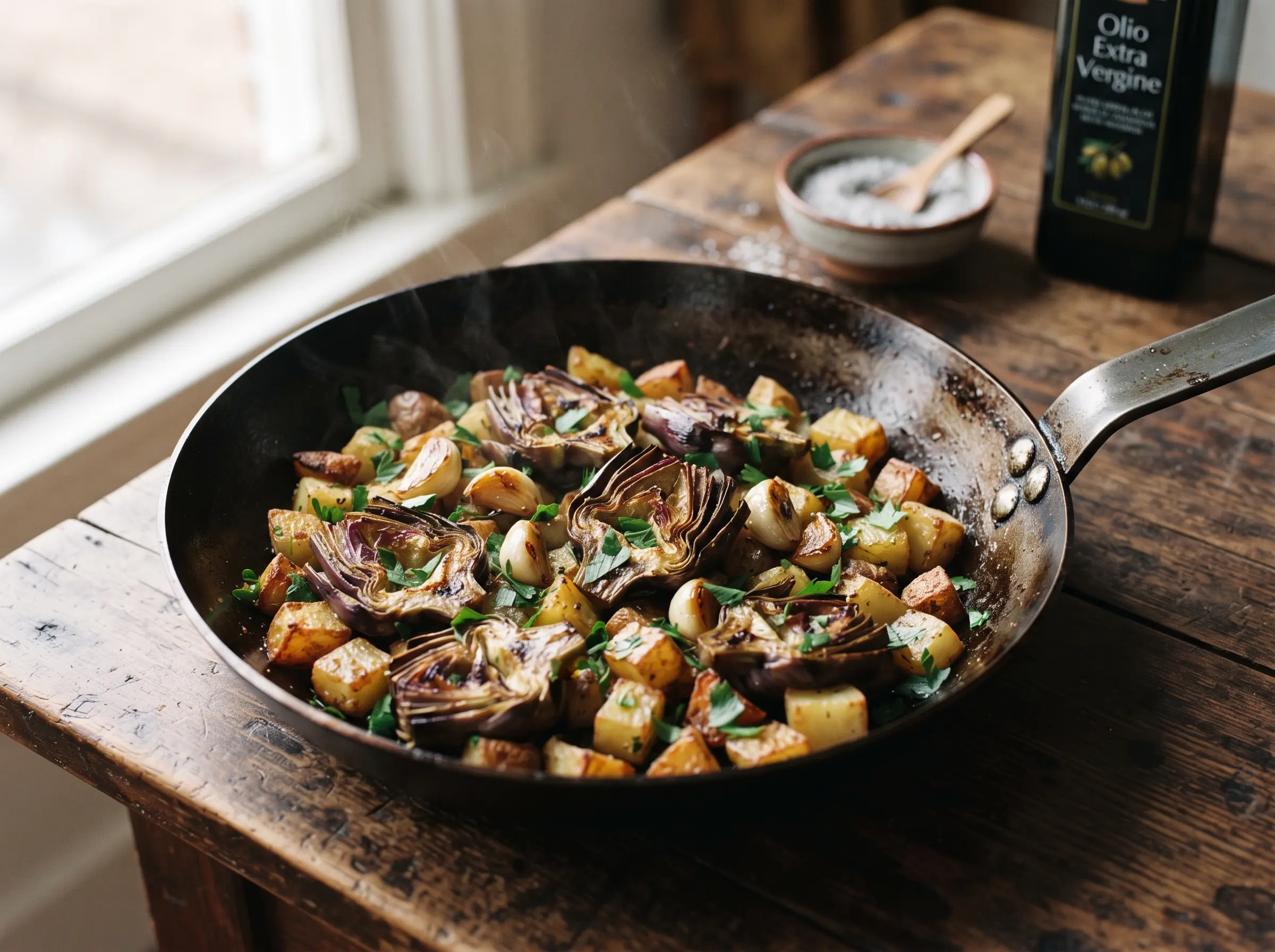 Artichauts violets et pommes de terre sautées à la poêle