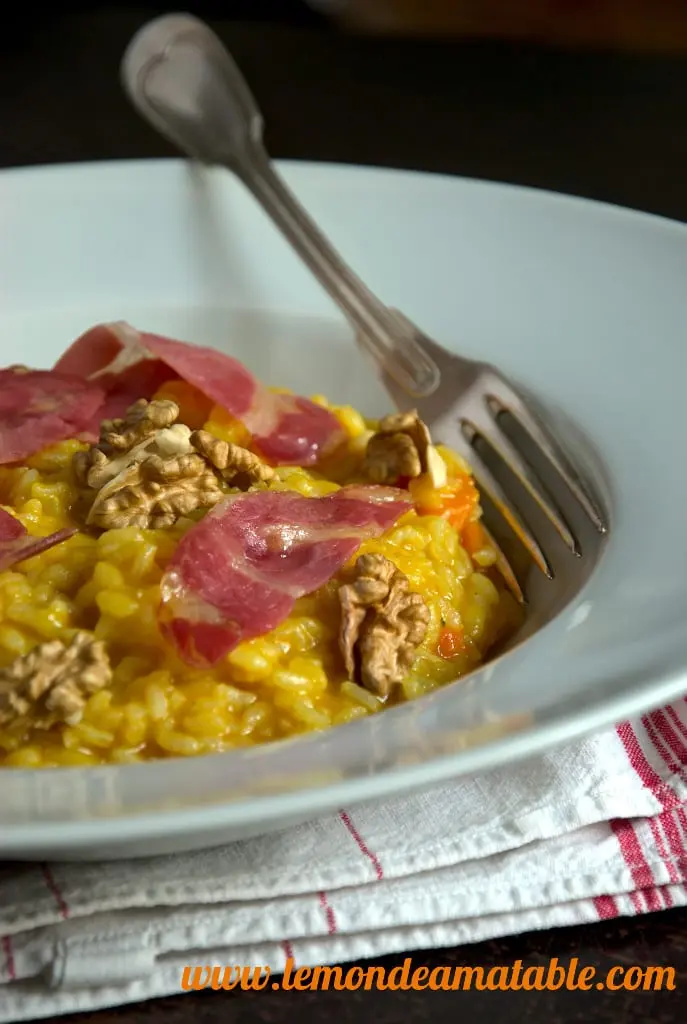 Risotto au potimarron, cidre, coppa et noix